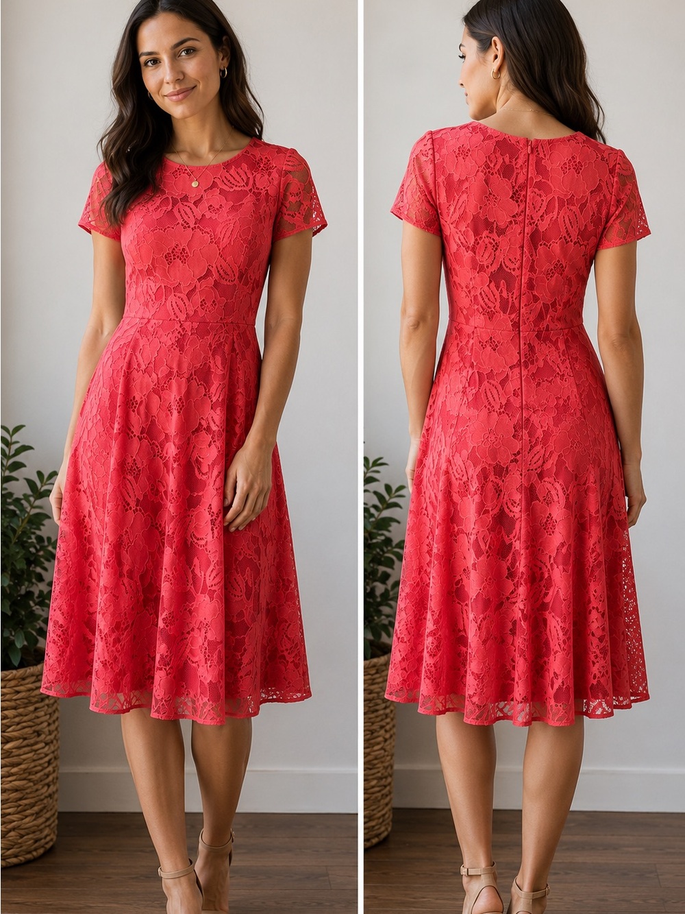 Preston & York Coral Lace Fit-and-Flare Midi Dress, NWOT